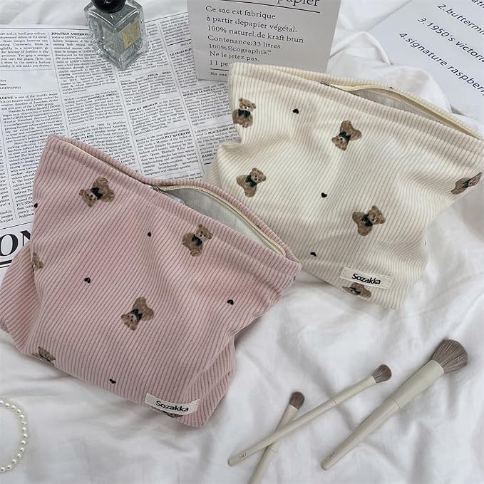 uekeboag 2Pcs Cute Small Soft Corduroy Zipper Makeup Bag for Purse, Coquette Aesthetic Pouch with Bear Pattern for Women Girls, Kawaii Travel Cosmetic Bags（Beige and Pink）