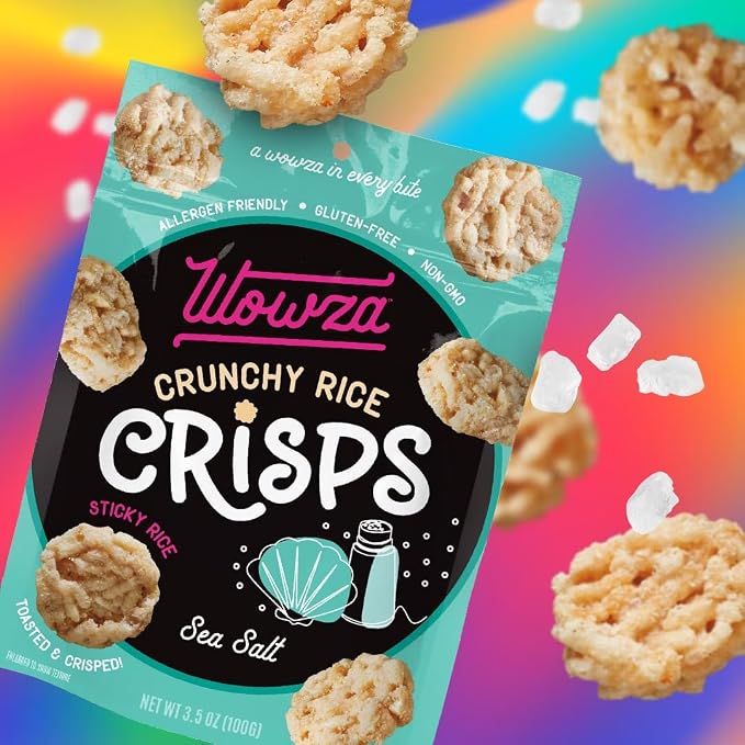 Wowza Sea Salt Crunchy Rice Crisps | Gluten Free Snack, Non-GMO, 8 Pack | Lightly salted, Healthy chip alternative, Kid-friendly, 3.5 oz bags, No artificial flavors, Allergen-friendly, Guilt-free