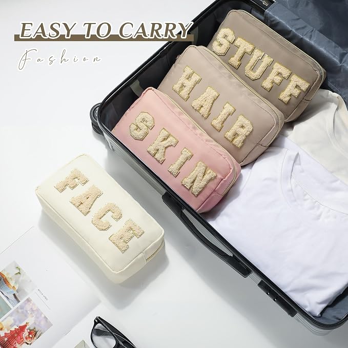 Preppy Makeup Bags Chenille Letter Stuff Bag Nylon Cosmetic Pouch Cases with Zipper for Women Travel Toiletry(Apricot Color,Classic,4 Pcs)