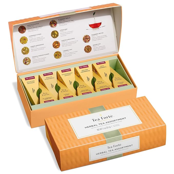 Tea Forte Premium Petite Presentation Box Gift Set Sampler, 10 Count, 2 of Each Blend Individually Wrapped Handcrafted Pyramid Infuser Bags, Herbal Variety