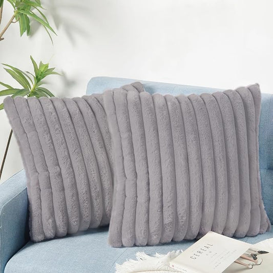 Decorative Throw Pillow with Inserts, Set of 2 Soft Faux Fur Throw Pillows, Square Boho Striped Pillow for Couch, Bed, Sofa Decor (Gray, 20" x 20"(Pack of 2))