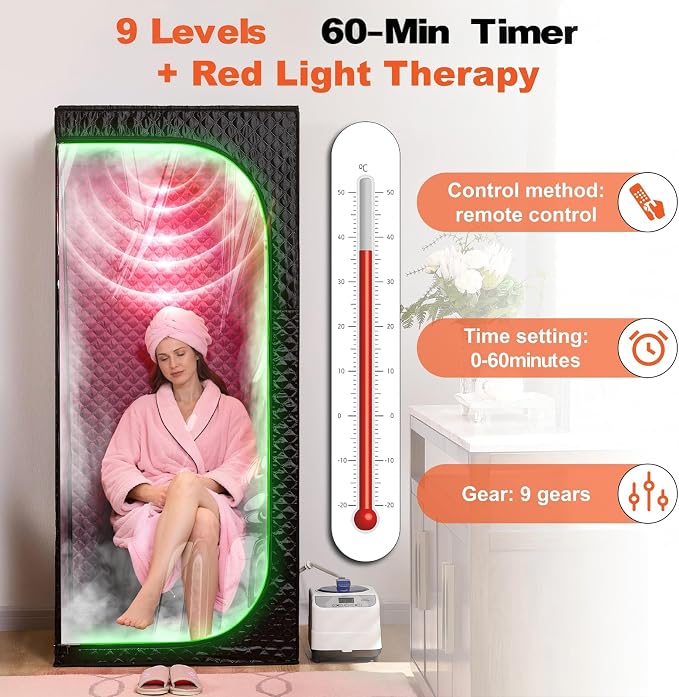 Portable Steam Sauna Tent for Home, Infrared Sauna, Tent with Clear View Door and Red Light, Black, Full Size Square Sauna for Home, 3L Steamer, 9 Heat Levels