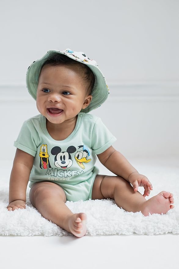 Disney Baby Romper and Reversible Bucket Sun Hat Outfit Set Newborn to Infant Sizes (Newborn - 24 Months)