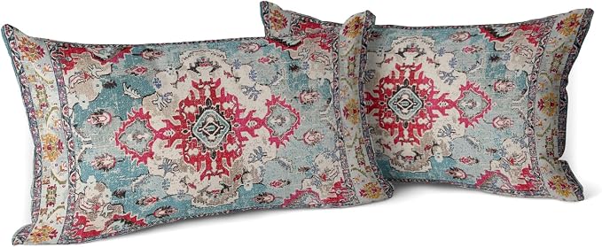 Snycler Boho Throw Pillow Covers 12x20 inch Set of 2 Boho Rug Carpet Double Sided Pattern Cotton Soft Pillow Case Cushion Cover Pillowcase for Couch Sofa Bed Decorative (Rose Red)