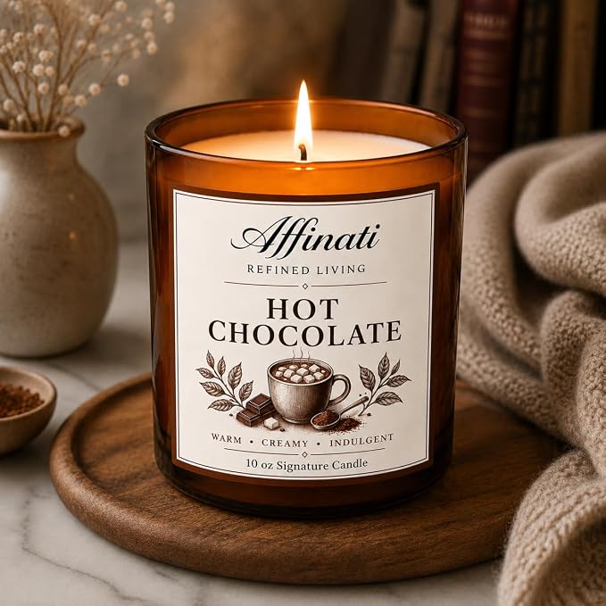 Affinati Hot Chocolate 10 oz Scented Candle – Long Lasting Winter Holiday Soy Blend Candle for Home, Strong Scent Throw Cocoa Marshmallow Gourmand Candle, Premium Home Fragrance Gift