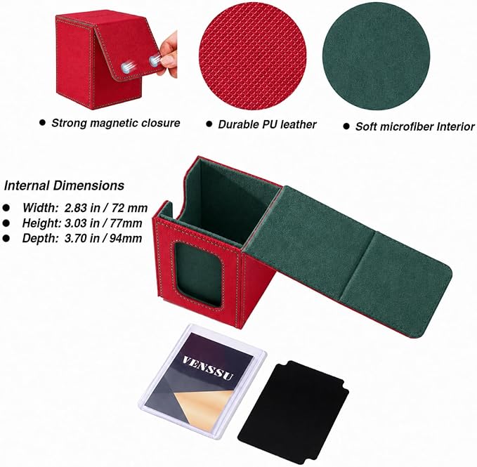 Venssu MTG Deck Box with Commander Display, Card Deck Box Fits 100 Double Sleeved Cards, TCG with 2 Dividers and 1 Toploader (Red and Green)