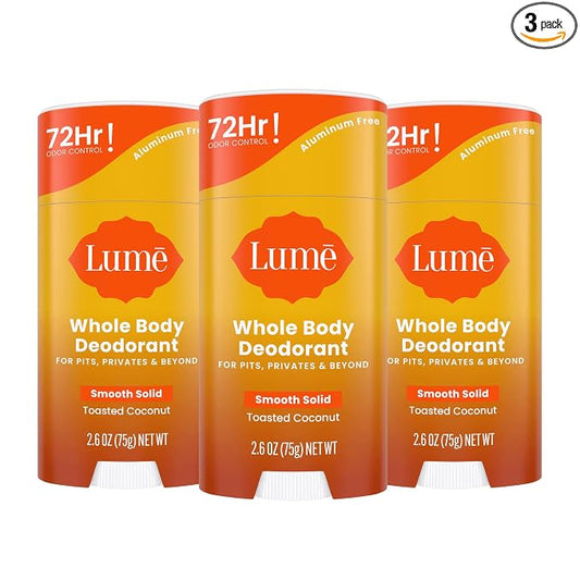 Lume Whole Body Deodorant - Smooth Solid Stick - 72 Hour Odor Control - Aluminum Free, Baking Soda Free and Skin Loving - 2.6 Ounce (Pack of 3) (Toasted Coconut)