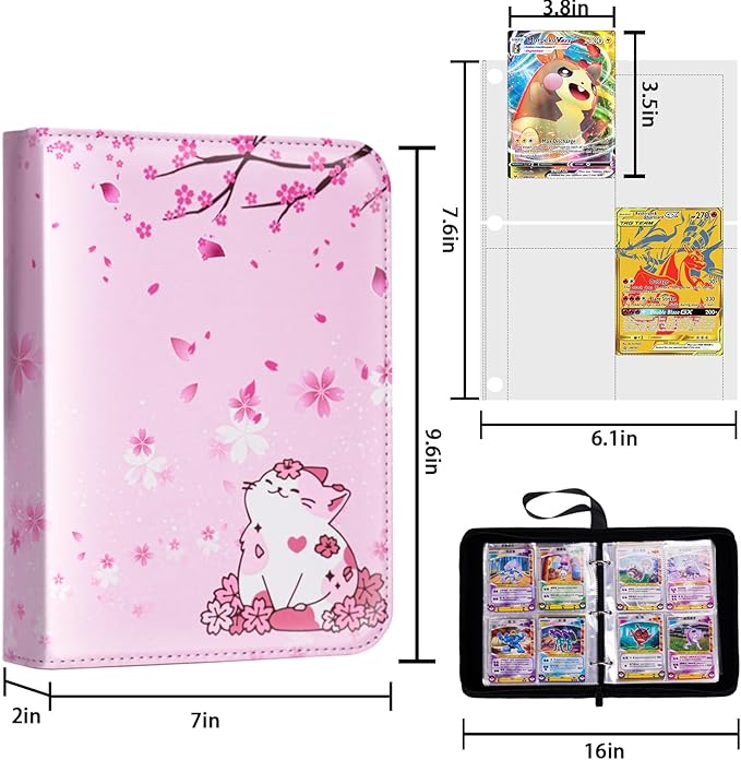CLOKORIA Card Binder for Girls Gifts,440 Cards Collectible Trading Card Holder Case with 55 Sleeves, 4 Pocket for TCG Game Cards Collection Sports Trading Cards Collector Album (Sakura cat)