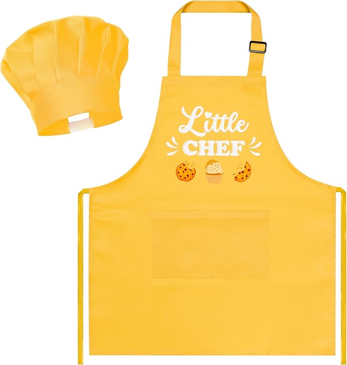 R HORSE Kids Chef Hat and Apron, Adjustable Kids Aprons with Pocket, Yellow Chef Kitchen Apron Girls Boys Kitchen Toddler Aprons for Cooking Baking