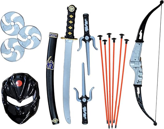 SENSORY4U Ninja Toy Weapons Dress-Up Kit - 15-Piece Set with Sword, Knife, Throwing Stars, Bow & Arrow for Kids - Complete Ninja Warrior Accessory Set