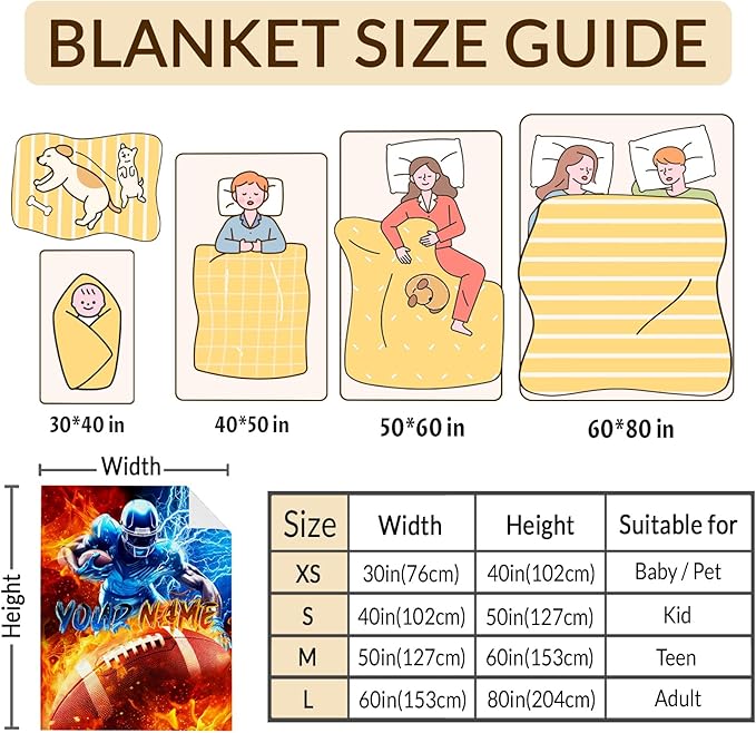 Boys Blanket Personalized Football Throw Blankets Gift for Kids Teens - 40x50 Inches Cozy Soft Custom Sport Theme for Couch Sofa Bed Office