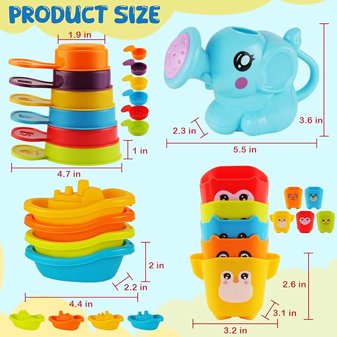 Baby Bath Toys for Kids Ages 1-3, 16 PCS Mold Free Bath Toys for Toddlers with Floating Boats,Watering Can,Water Cup Set& Bath Spoons, Bathtub Water Pool Toys for Babies and Toddlers
