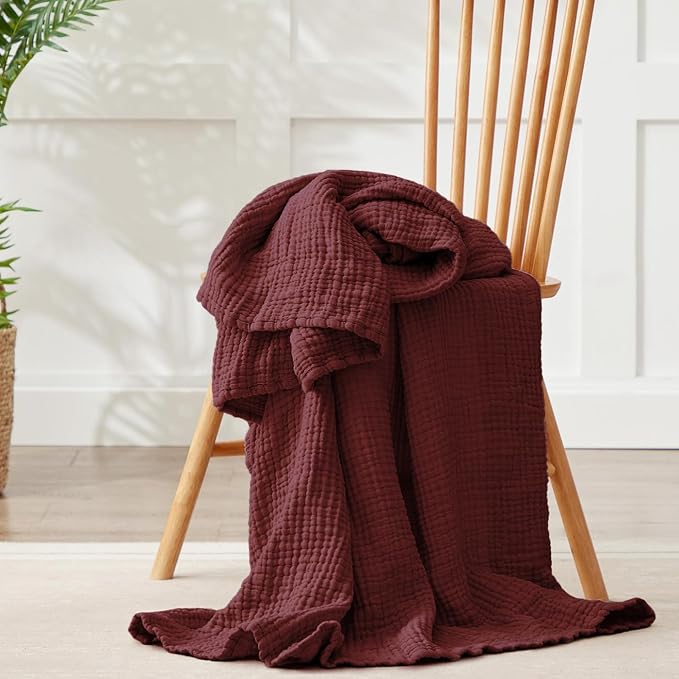 100% Cotton Muslin Blanket King 108" x 90", 6 Layers Breathable and Lightweight Cotton Throw Blankets for Bed, Soft Cooling Summer Gauze Blanket for Adults All Season, Burgundy