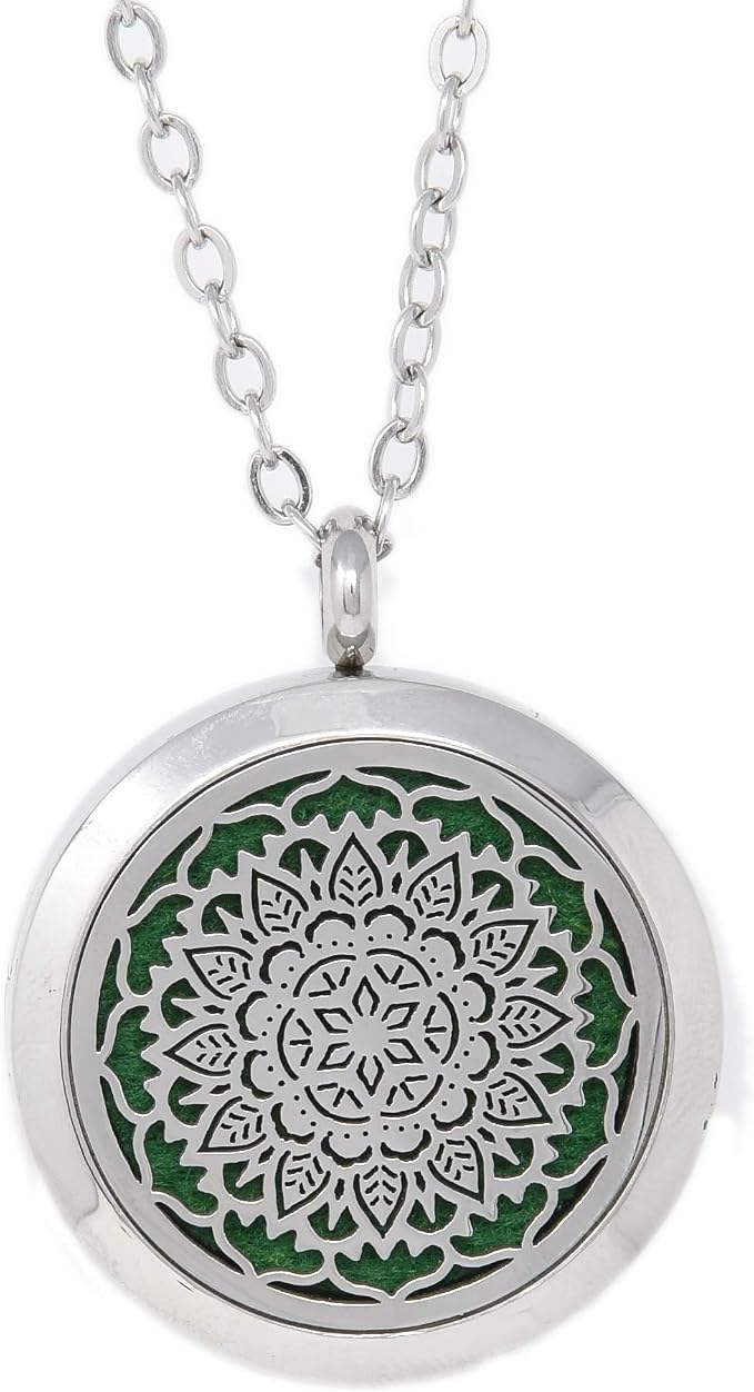 Aromatherapy Essential Oil Diffuser Stainless Steel 30 MM Silver Magnetic Locket Pendant 2 Sizes Chain Necklace, Refill Pads & Diffuser Bracelet in a Velvet Bag (flower3)