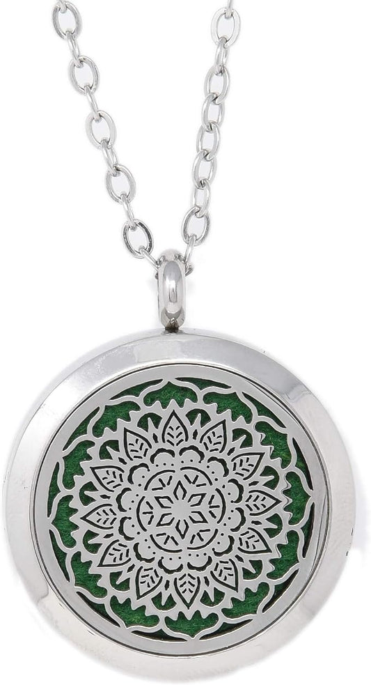 Aromatherapy Essential Oil Diffuser Stainless Steel 30 MM Silver Magnetic Locket Pendant 2 Sizes Chain Necklace, Refill Pads & Diffuser Bracelet in a Velvet Bag (flower3)
