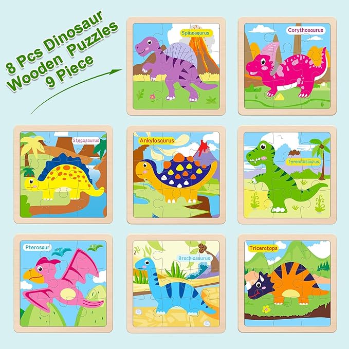 Wooden Puzzles for Toddlers, 9 Pieces Dinosaur Jigsaw Puzzles for Kids Ages 3-5 4-6, Preschool Learning Activities, Learning & Educational Toys, Gifts for Boys, Girls Ages (8 Pack)
