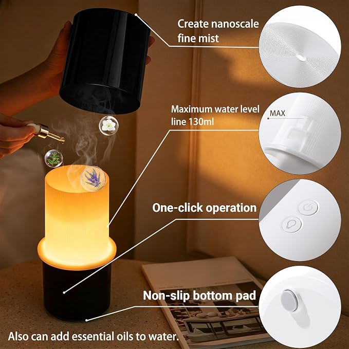 Essential Oil Diffuser 130ML, Aromatherapy Diffuser with LED Mood Lighting 2 Mist Mode, Ultrasonic Mist Humidifier for Car Home Office Bedroom ﻿ (Black)