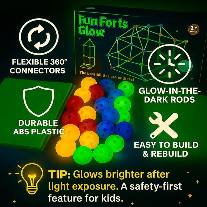 Batzo Glow-in-The-Dark Small Fort Building Kit (122 Pcs) – Sturdy Rods & Connectors Construction Set | Creative and Learning STEM Toy, Easy to Build Indoor Playhouse for Kids Ages 4+