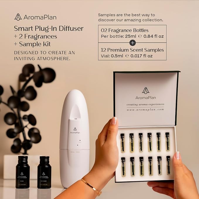 AromaPlan 2026 Plug in Diffuser, Fragrance Included | 2 Scents + Sample kit Included, Bluetooth App,Waterless, Cold air techonology, 500sq ft quiet and no mess