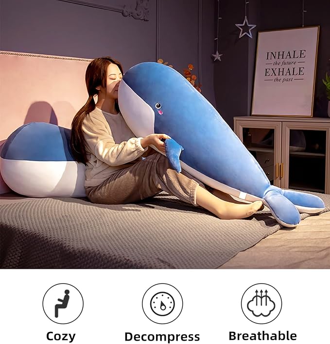Whale Stuffed Animal Plush - Large Soft Whale Body Pillow, 47.2'' Stuffed Whale Toy with Removable Washable Cover, Cute Plush Whale Throw Pillow Gift for Kids, Girls, and Boys
