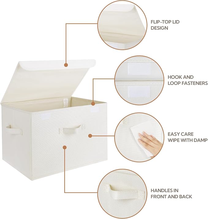 GRANNY SAYS Memory Keepsake Storage Box, Fabric Storage Bins with Lids | Flip-Top Lid, Collapsible, Stackable, 3 Handles, Ideal for Closet Clothes Blanket Toys, Extra Large, Ivory White, 2-Pack