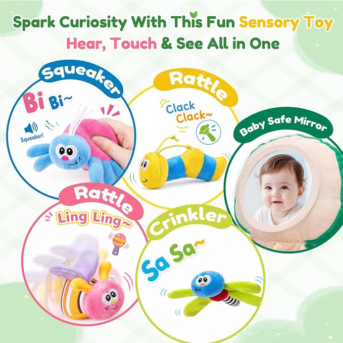 JoyCat Baby Toys 3-18 Months, Frog Montessori Toy Includes 4 Sensory Insects with Rattle, Crinkle, Squeaker & Baby Mirror for Tummy Time, Soft Stuffed Animal Toy for Infants Newborn Boy & Girl Gifts