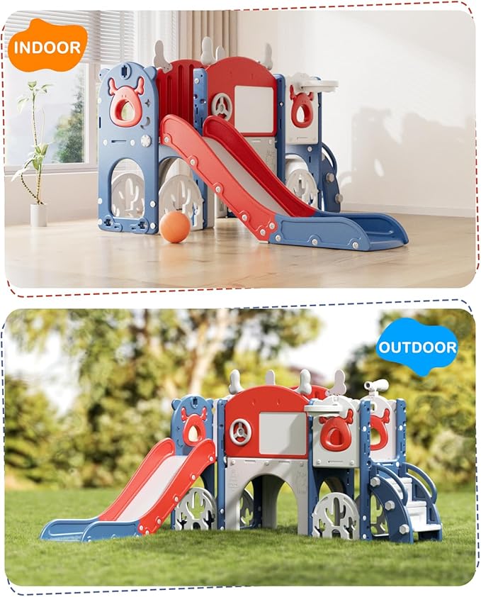 XJD Toddler Slide,13 in 1 Kids Slide for Toddlers, New Upgrade with Golf Set, Basketball Hoop, Drawing Board for Indoor Outdoor Playset,Toddler Playground (Red Blue)