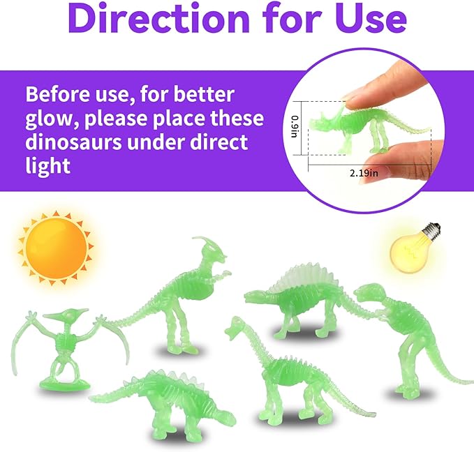 UPINS 36Pcs Glow in Dark Mini Dinosaur Figures, Small Luminous Dinosaur Toy Birthday Party Favors Supplies Dino Cupcake Toppers Plastic Dino Toys for Kids Easter Basket Suffers Classroom Prizes Box