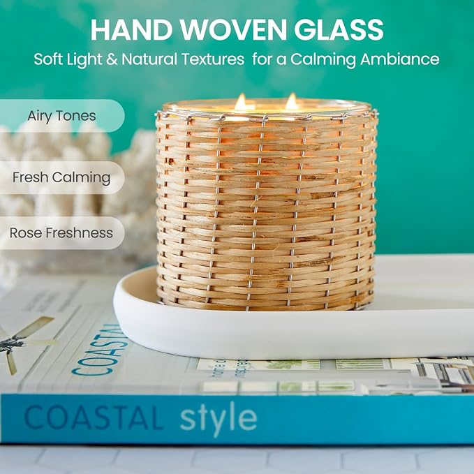 Sea Salt Scented Candle – Luxury 12oz Soy Wax, 2-Wick Handwoven Glass Jar, Blend of California Lemon, Water Lily, White Jasmine, Driftwood & Rosewater -75+ Hour Clean Burn, USA Made