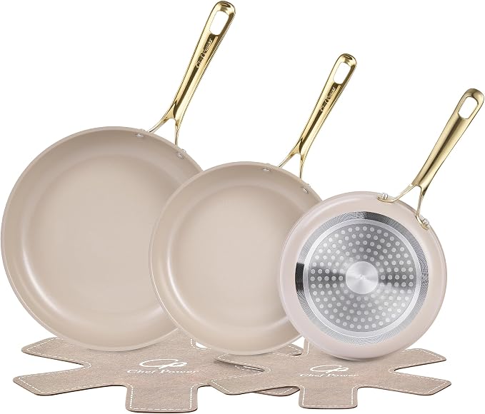 Chef Power Ceramic Frying Pan with Stainless Steel Handle 5Pcs Set, Non Stick Grill Pan Set, Dishwasher and Oven Safe, Taupe and Light Gold Handle