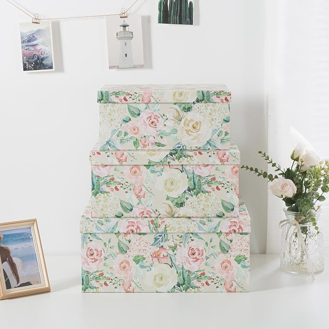 Soul & Lane - Blooming Rose Decorative Storage Boxes with Lids, Set of 3 | Large Nesting Cardboard Keepsake Boxes for Photos and Memories, Floral Photo Storage Containers for Home Decor