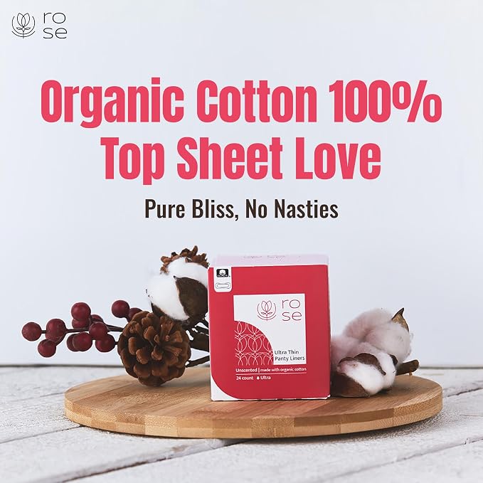 Rose Organic Panty Liners - Ultra Thin, Ultra Absorbent, Organic Cotton Topsheet, Unscented - 24 Count (Pack of 2)