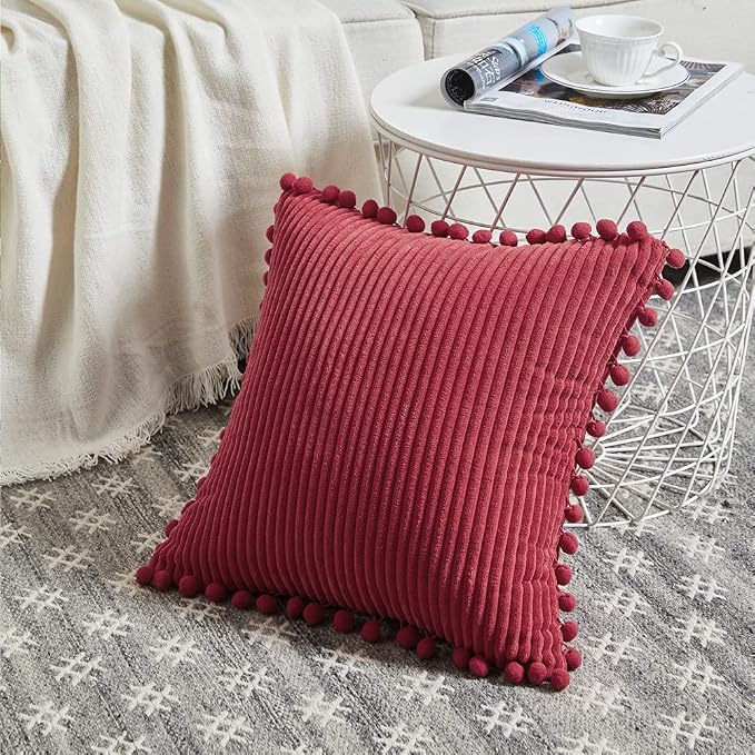 Fancy Homi Burgundy 26x26 Pillow Covers Set of 2, Euro Pillow Covers with Pom-poms, Big Throw Pillow Covers for Couch Bedroom 66x66 cm