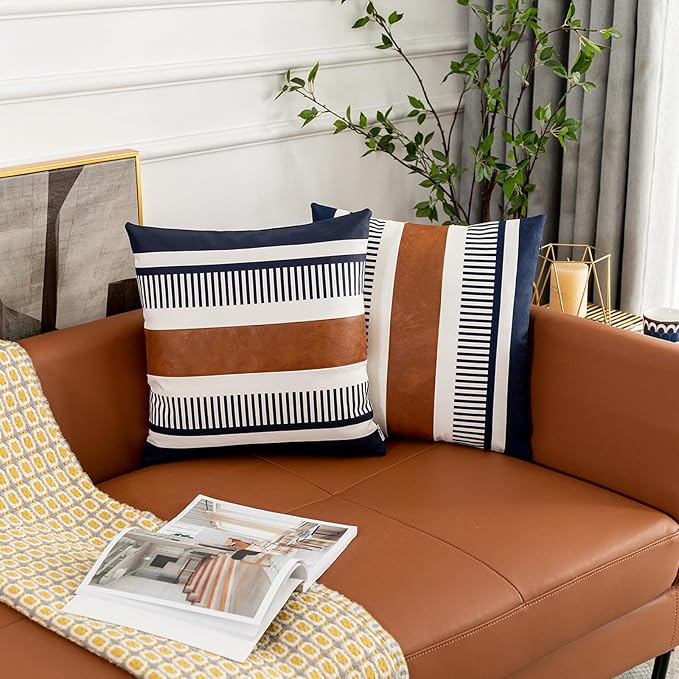 Set of 2 Decorative Faux Leather Pillow Covers 16x16 inch, Modern Boho Cushion Cover Set for Couch Living Room Bedroom Striped Accent Pillowcase Farmhouse Decor, Navy Blue