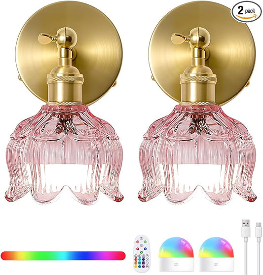 Vintage Battery Operated Wall Sconce: Set of 2 Rechargeable Pink Sconce | 5000mAh Flower Glass Cordless Mounted Lighting, Wireless Dimmable Powered Light, Remote Control, Bedroom Bedside Indoor Decor