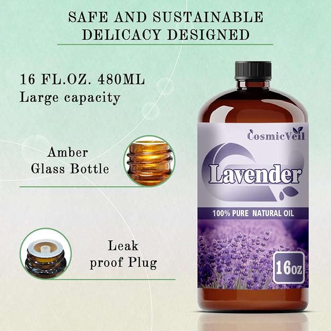Lavender Essential Oil Lavender Oil for Aroma Diffuser,Humidifier,Home Fragrance,Cleaning,Body Care,Massage,Yoga,DIY Candle,DIY Soap CosmicVeil（Lavender，16 Fl Oz (Pack of 1)）