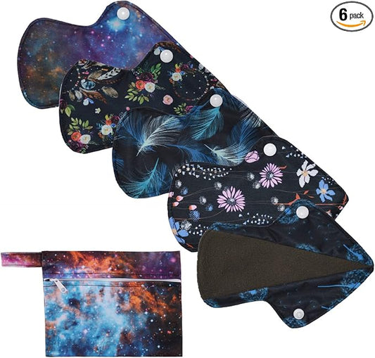 5 Thong Panty Liners 1 Wet Bag Cloth Menstrual Pads Sanitary Reusable Washable (Universe Pack)