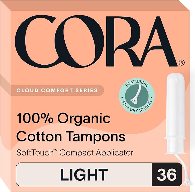 Cora Organic Applicator Tampons | Regular & Light Absorbency | 100% Organic Cotton, Unscented, BPA-Free Compact Applicator | Leak Protection | Packaging May Vary | 72 Total