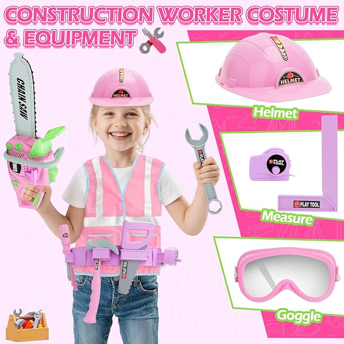 deAO Kids Tool Set Toddler Tool Kit, Pretend Play Toys Tooks with Electric Chainsaw Working Vest Hammer Accessories, Construction Tool Kit Gift for Toddler Playset Kit Girl Boy