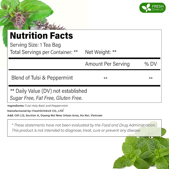 FreshDrinkUS, Premium Tulsi Peppermint Herbal Tea – 55 Tea Bags, 100% Natural, Blend of Tulsi Holy Basil Leaves, and Peppermint Leaves. Made with Natural Material Tea Bags. No Sugar, Vegan.
