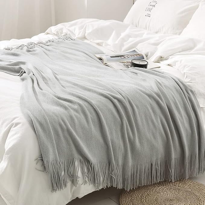 Homiest Light Grey Knitted Throw Blanket with Fringe, 50x60 Inch | Pure Acrylic, Lightweight & Breathable, All-Season Use, Machine Washable, Wrinkle & Fade Resistant, for Couch Sofa And Bed