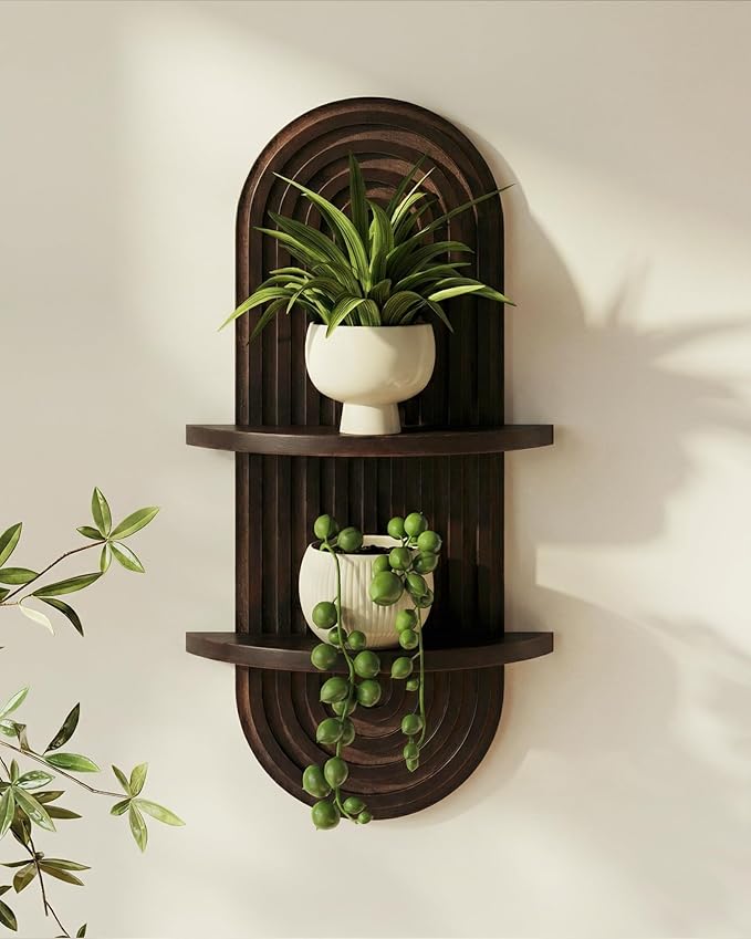 Bamworld Boho Wall Decor Plant Wall Shelf Wood Plant Holder Walnut 2PCS | Mid Century Modern Decor Hanging Plant Shelf Wooden Floating Shelves for Home Bedroom Living Room Holding Planter Decoration