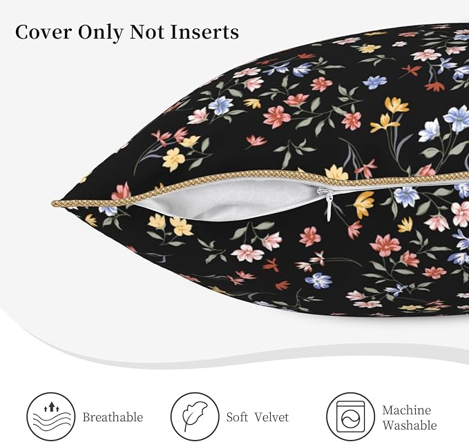 Black Floral Velvet Pillow Covers 16x16 Inch Vintage Colorful Wildflower Throw Pillows For Couch Farmhouse Cushion Covers Pillowcase Spring Summer Plant Pillow Cases For Sofa Bed Outdoor Decor