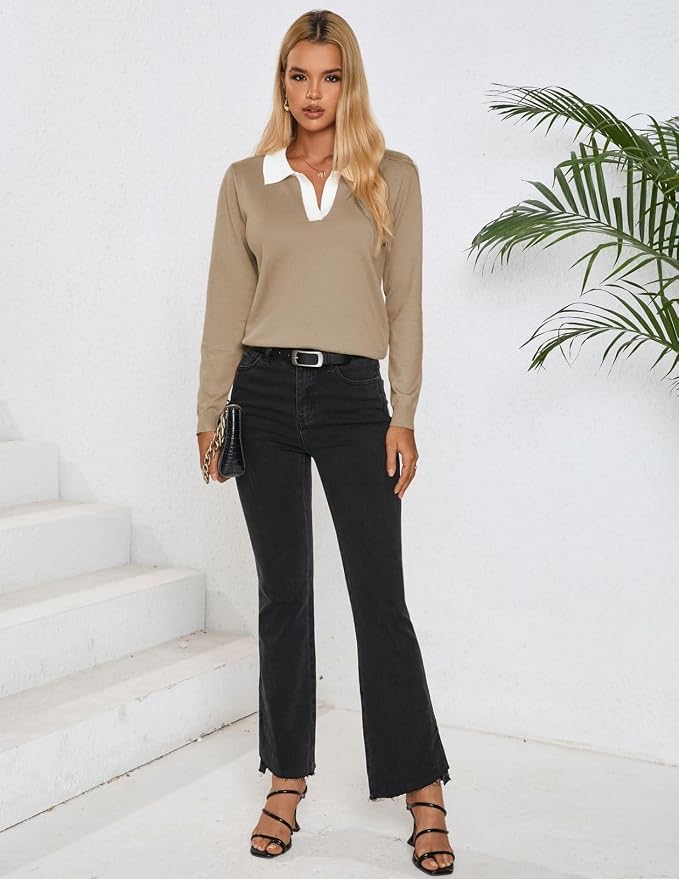 Women's Long Sleeve Classic V Neck Casual Fall Winter Polo Sweater Tops | Basic Collared Knitted Fashion Work Business Formal Daily Wear Versatile Pullover Shirts