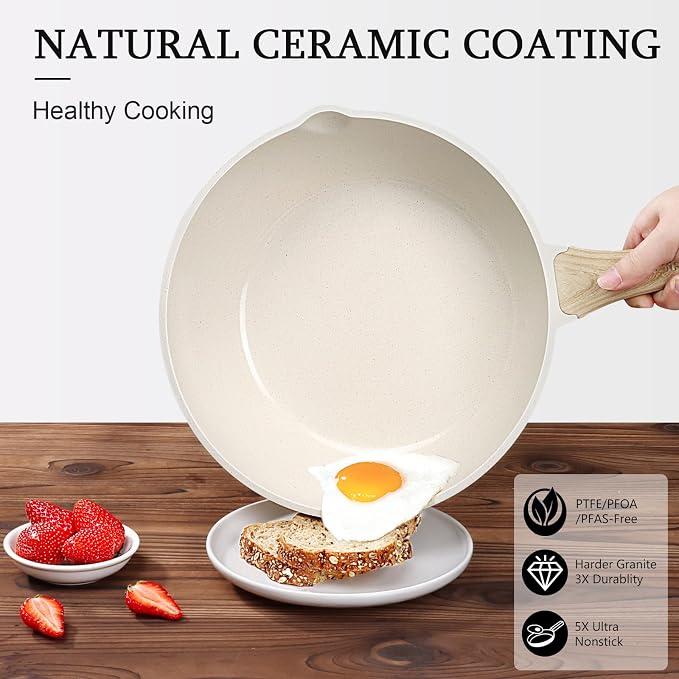 GiPP Ceramic Nonstick Deep Frying Pan Skillet, 12" Saute Pan with Lid, Induction Cookware Non Stick Cooking Pan, PTFE PFOA PFOS APEO Free,White