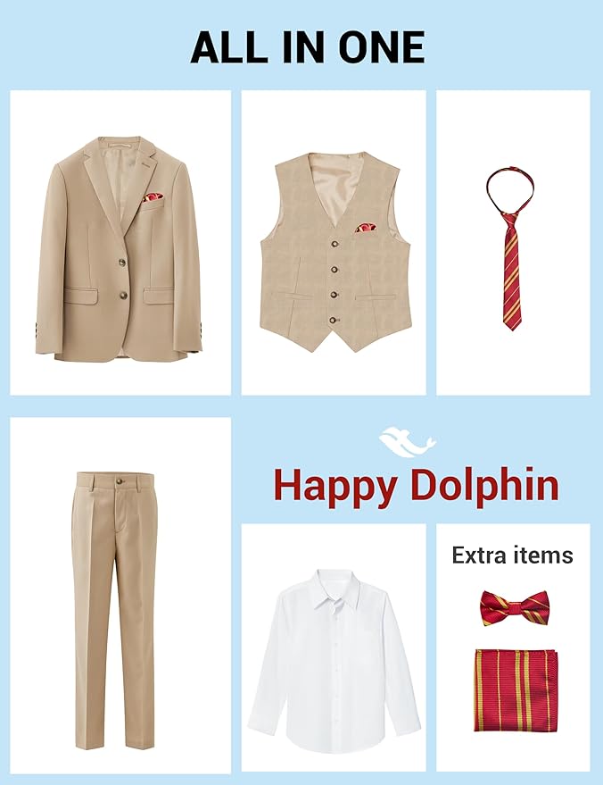 Happy Dolphin Boys Suit Set Modern Fit Kids Suits Adjustable Waist Boys Wedding Outfit for Boy Communion Suits for Boys
