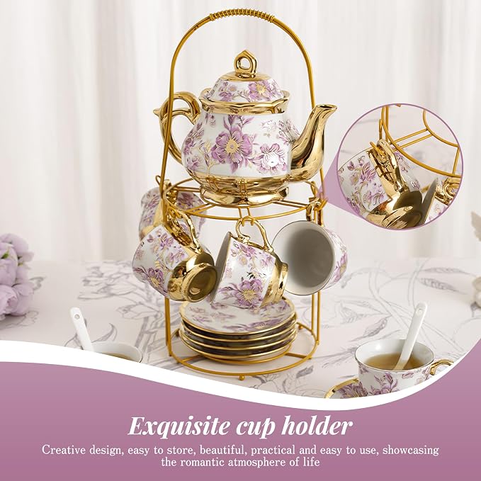 20 Pcs Porcelain Tea Set With Metal Holder,European Ceramic Tea Set for 6,Beautiful Tea Cup Gift Sets for Home&Party (Purple)
