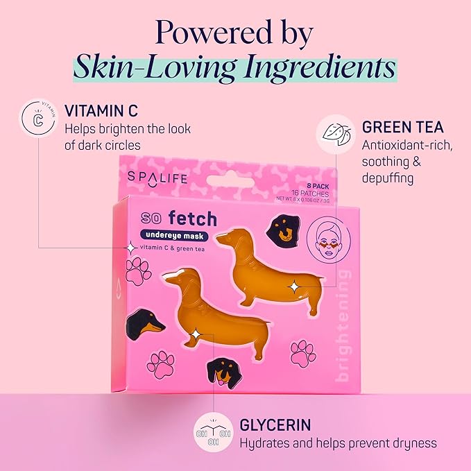 SpaLife So Fetch Hydrogel Under Eye Patches for Dark Circles | Dachshund Under Eye Patches for Puffy Eyes | Weiner Dog Undereye Bags and Puffiness Removal | Pack of 8 Pairs (8 Undereye Treatments)
