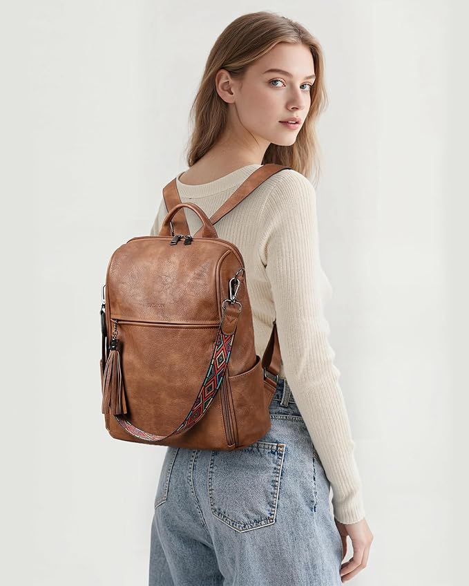 FADEON Leather Backpack Purse for Women Designer Travel Backpack Purses PU Fashion Ladies Shoulder Bag with Tassel