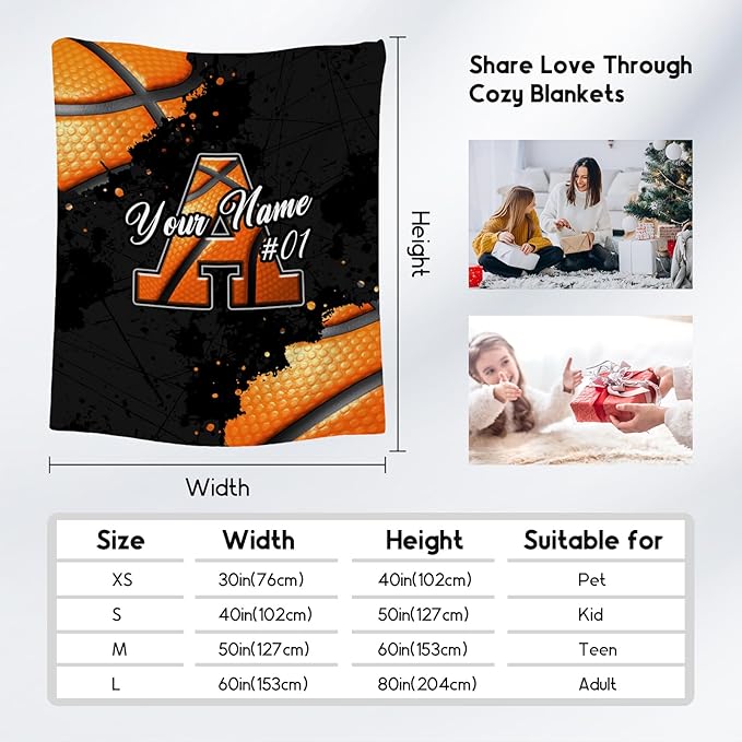 Custom Basketball Blanket - Personalized Gifts for Boys Girls - Cozy Soft Initial Throw for Basketball Lovers - 30x40 Inches Lap Blankets for Kids - Sports Decor Ideas for Son Daughter